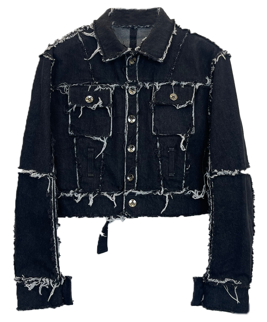BLACK RAW CUT EDGED TRUCKER JACKET