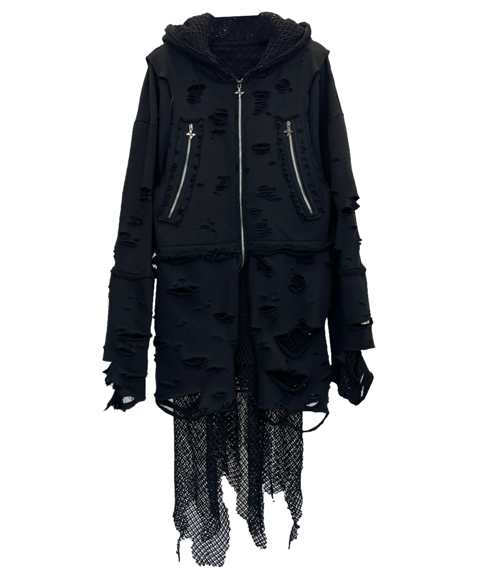 MESH LAYERED DAMAGED LONG HOODIE JACKET