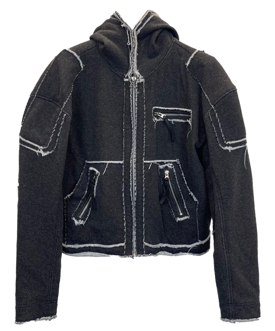 MULTI POCKET RAW-EDGED SWEAT HOODIE JACKET
