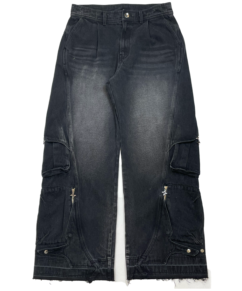 CURVED CARGO WASHED DENIM PANTS
