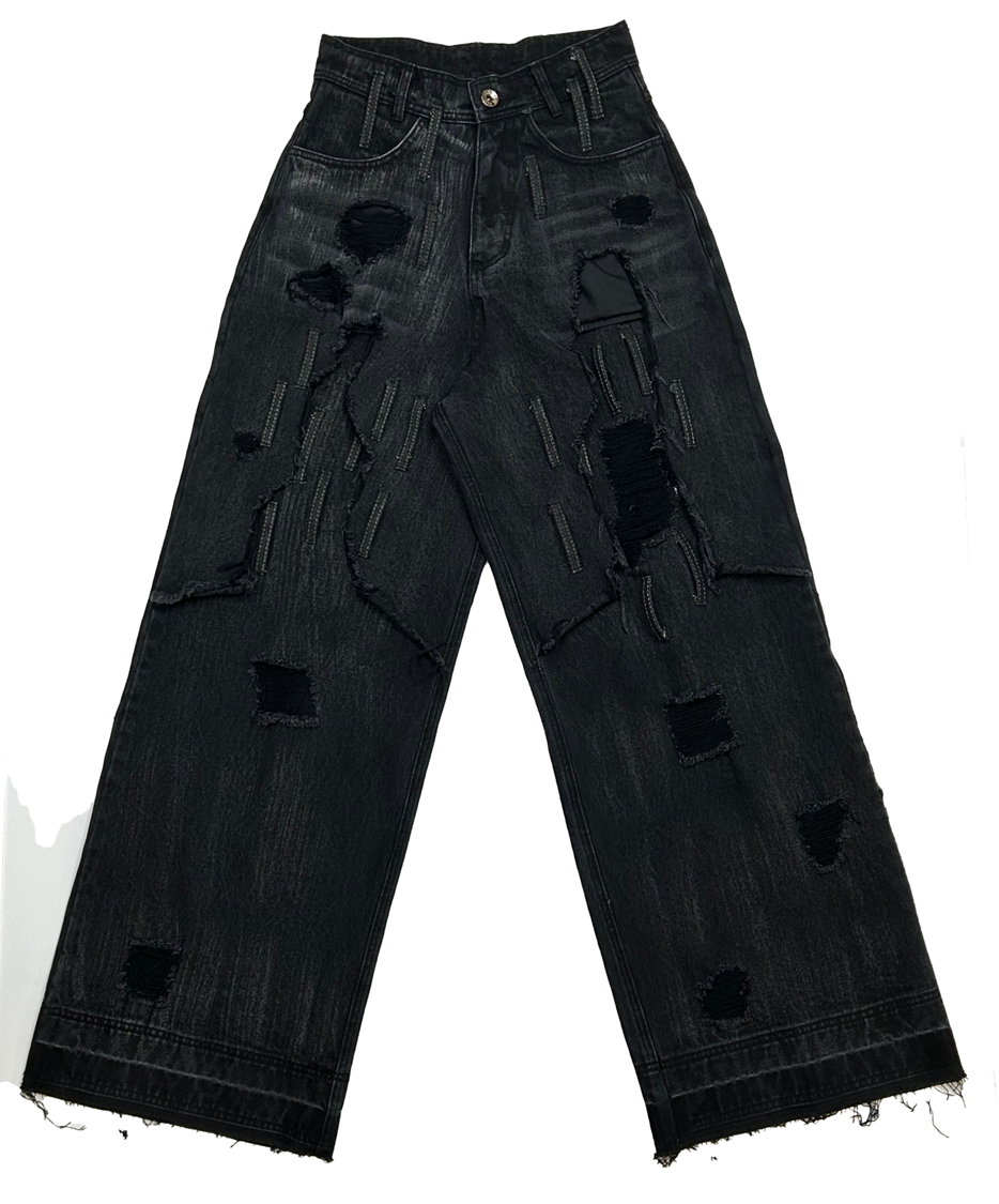MULTI-BELT LOOP WASHED  DENIM PANTS