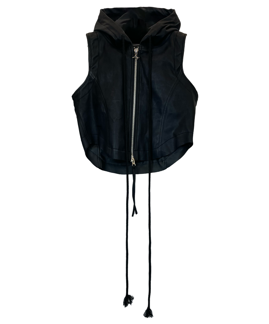 LEATHER HOODED CROP VEST