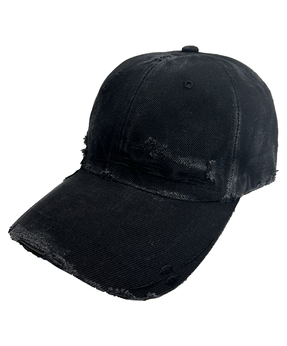 CURVED LOGO DAMAGED DENIM CAP BLACK