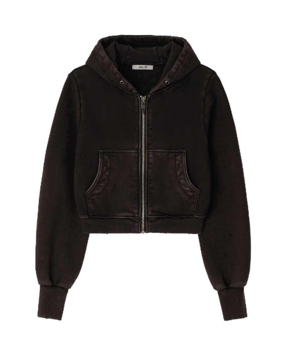 Grunge Punched Washing Hoodie Zip-Up Brown