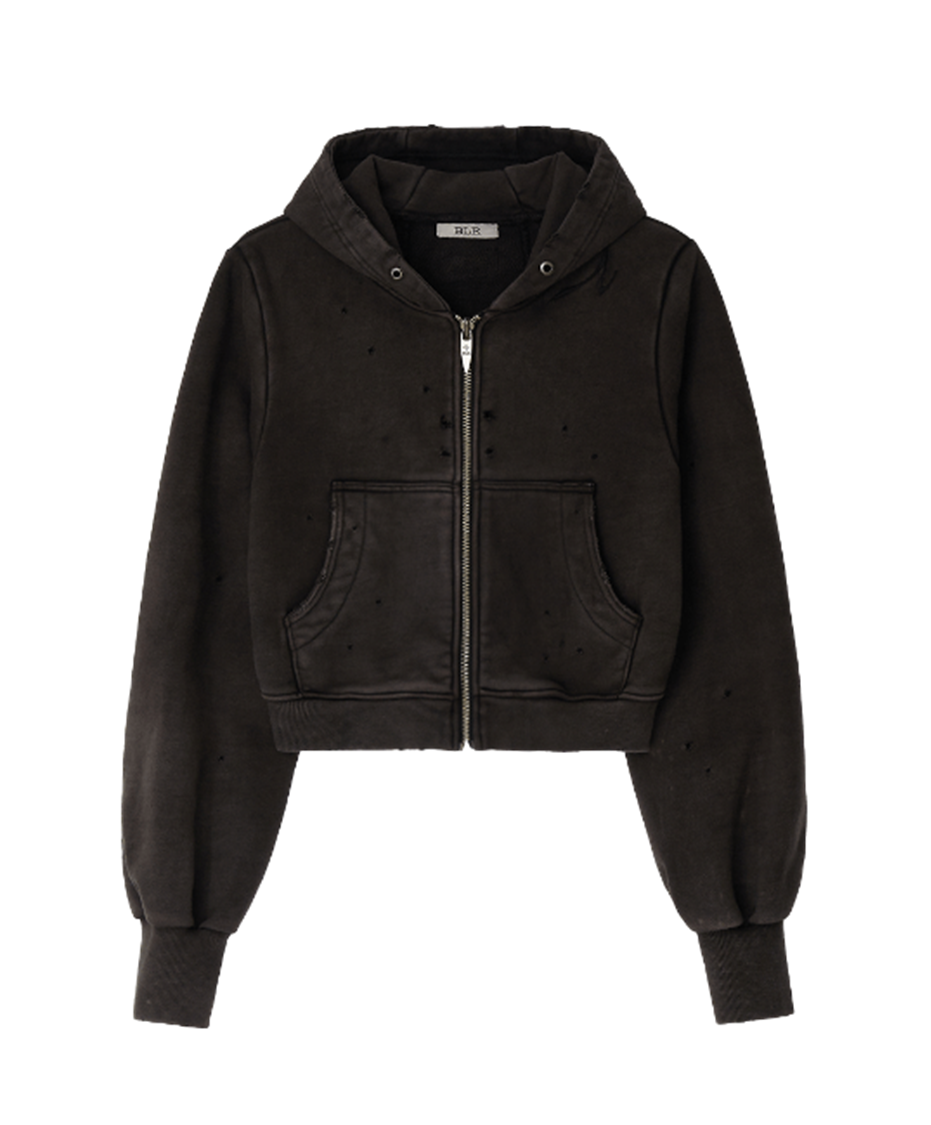 Grunge Punched Washing Hoodie Zip-Up Ash-Grey