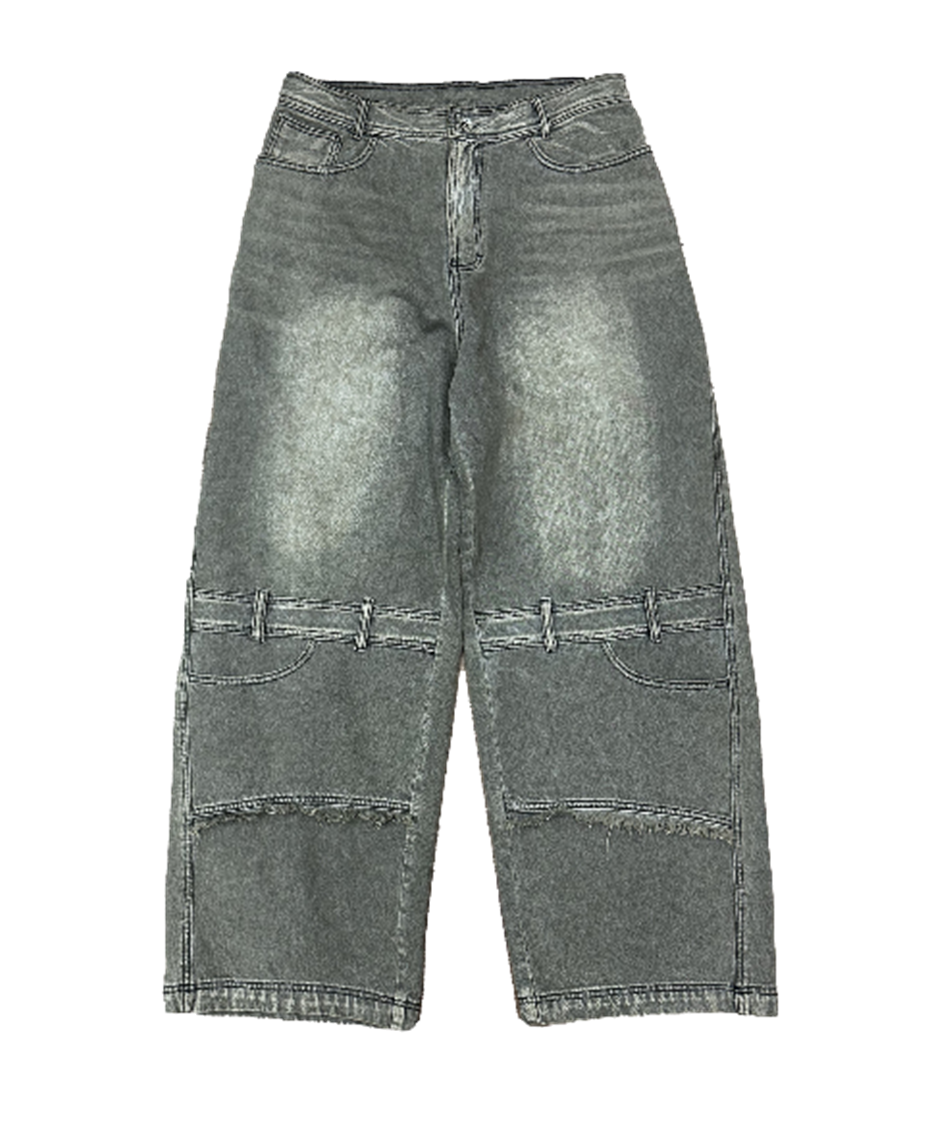 Oil Washed Double Waist Denim Pants