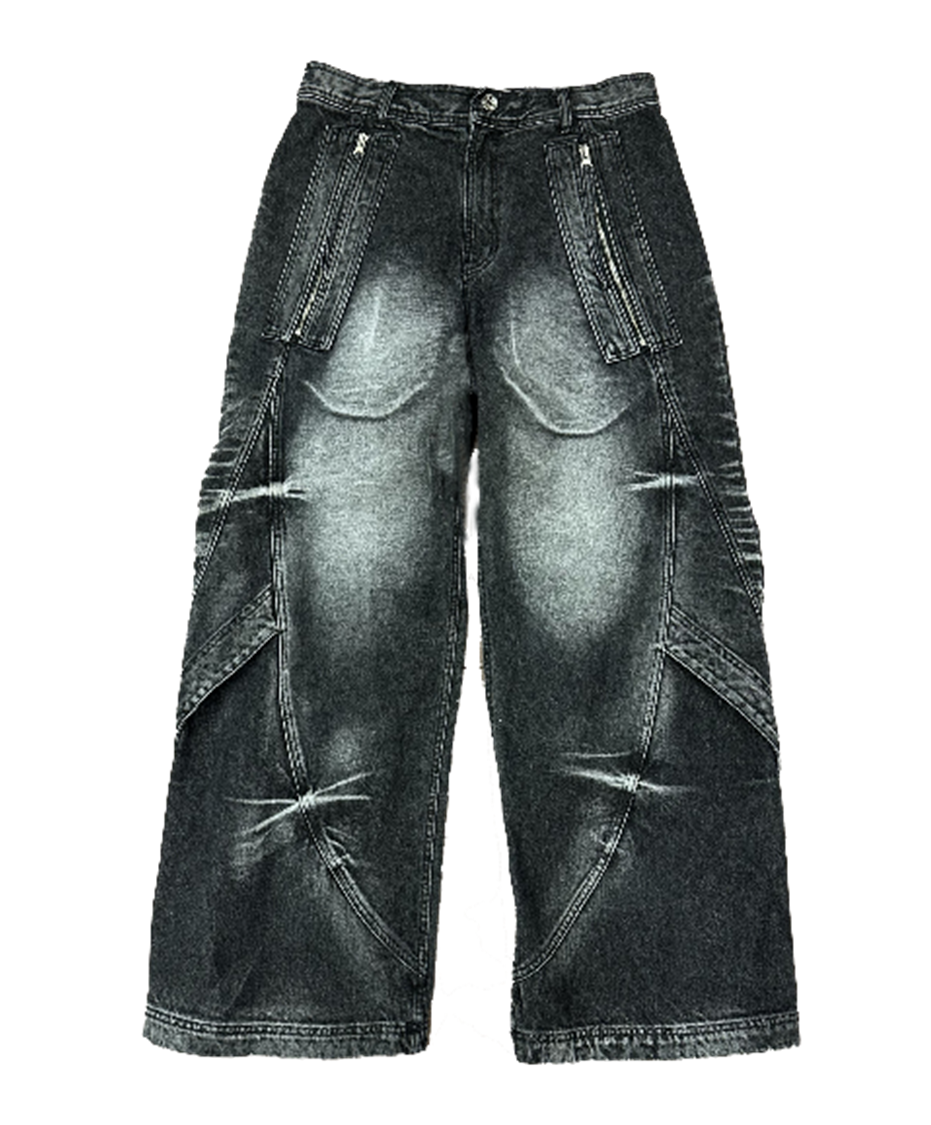 Curved Tanker Washed Denim Pants 